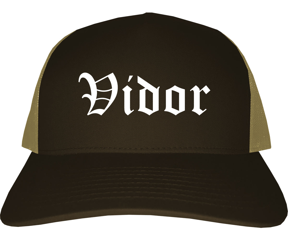 Vidor Texas TX Old English Mens Trucker Hat Cap Brown