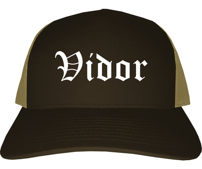 Vidor Texas TX Old English Mens Trucker Hat Cap Brown
