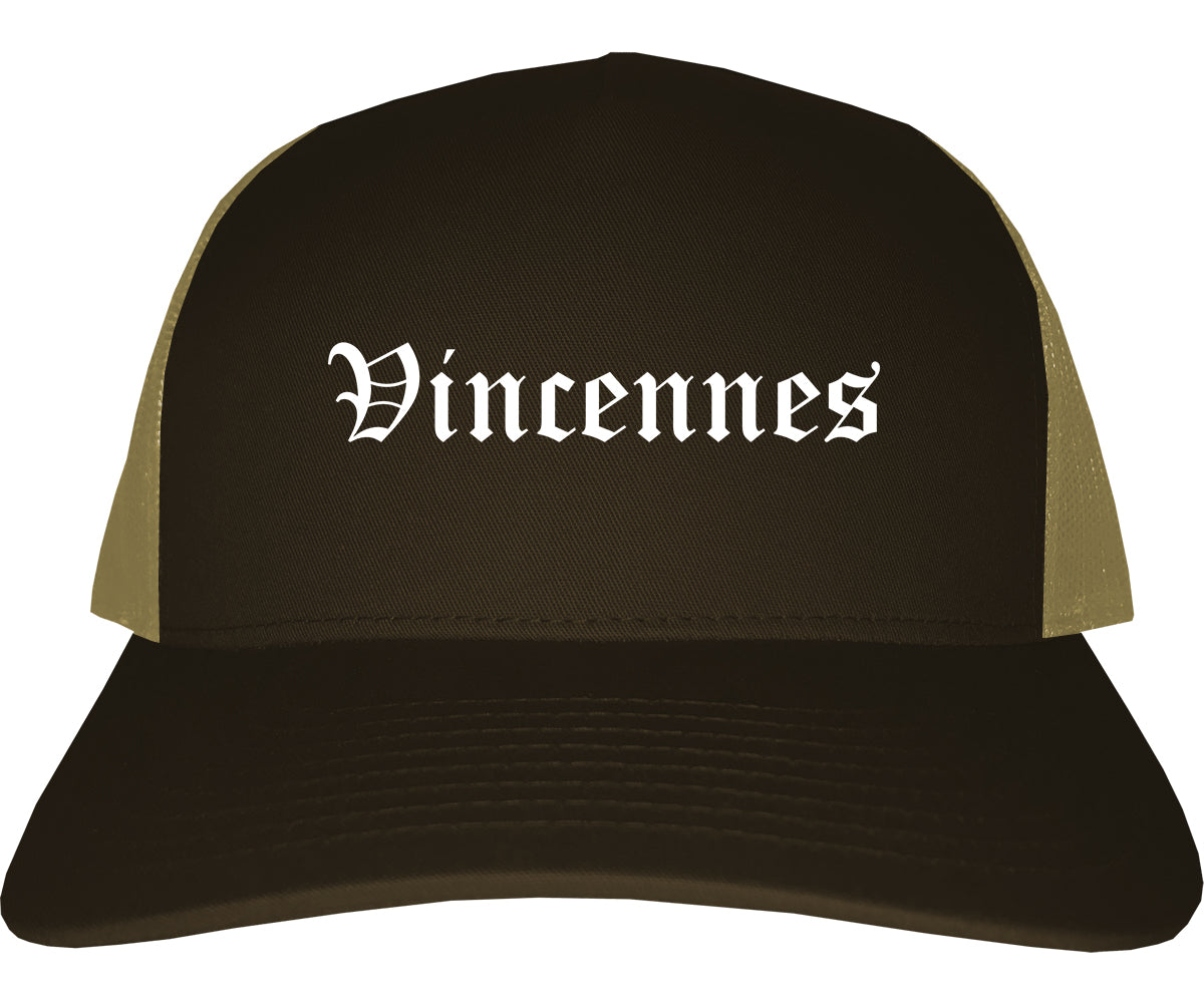 Vincennes Indiana IN Old English Mens Trucker Hat Cap Brown