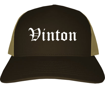 Vinton Iowa IA Old English Mens Trucker Hat Cap Brown