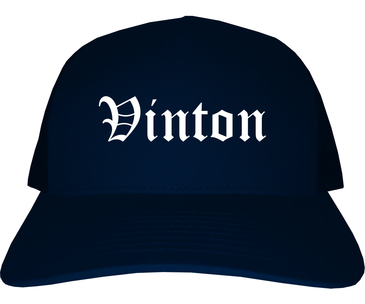 Vinton Iowa IA Old English Mens Trucker Hat Cap Navy Blue
