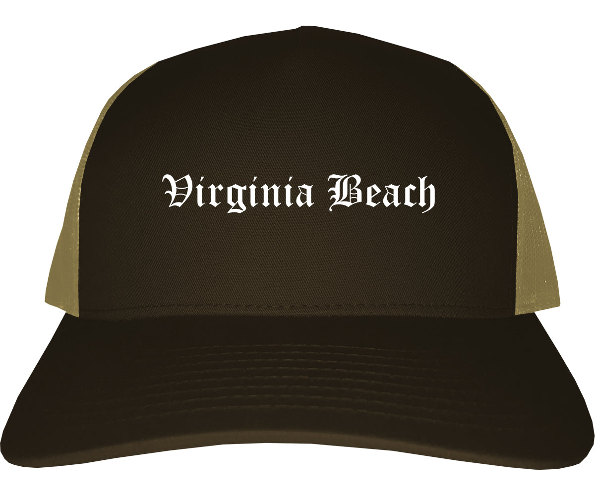 Virginia Beach Virginia VA Old English Mens Trucker Hat Cap Brown