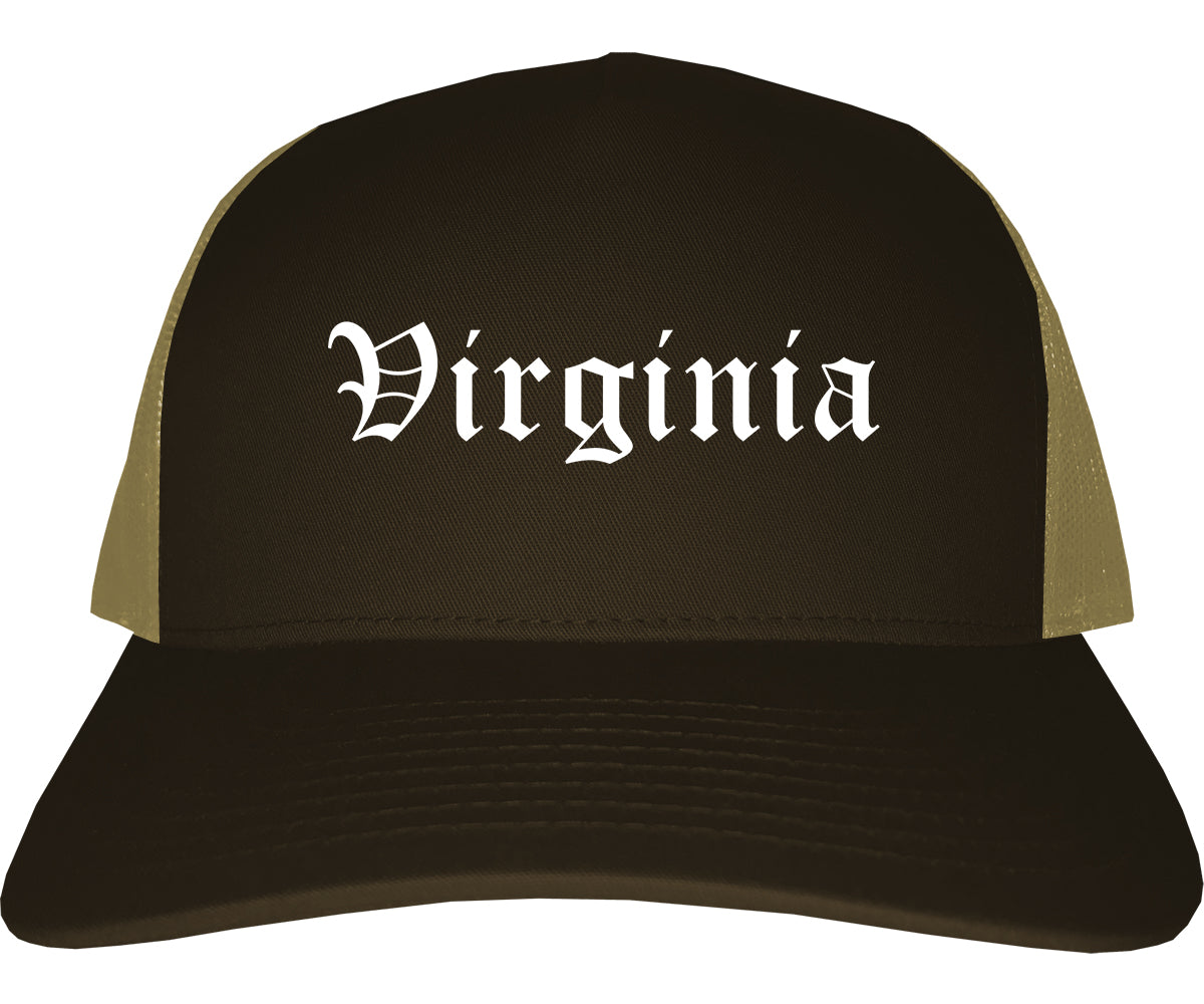 Virginia Minnesota MN Old English Mens Trucker Hat Cap Brown