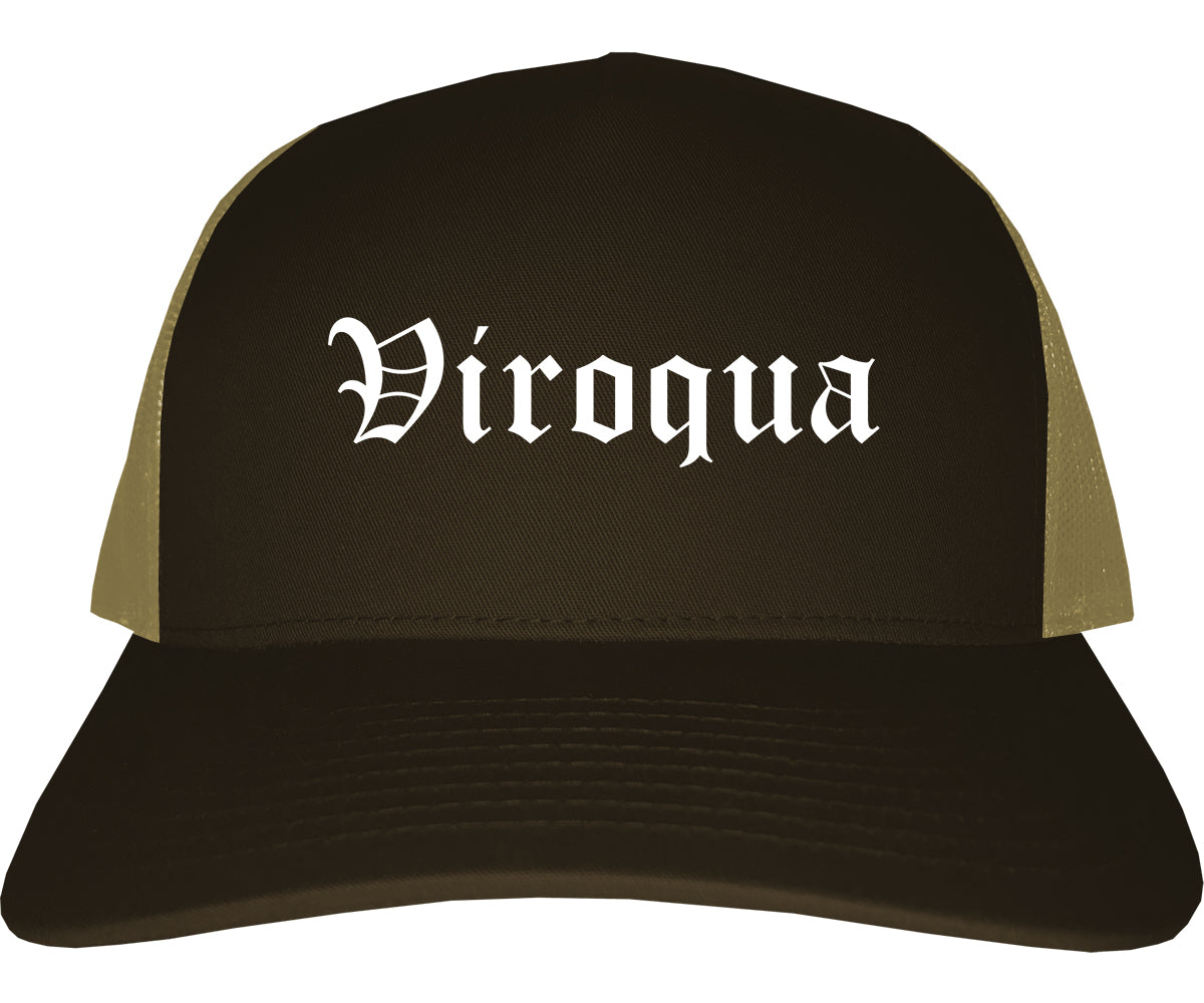 Viroqua Wisconsin WI Old English Mens Trucker Hat Cap Brown