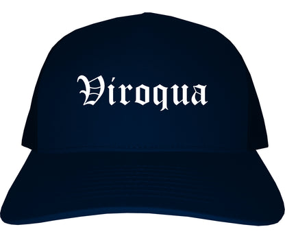 Viroqua Wisconsin WI Old English Mens Trucker Hat Cap Navy Blue