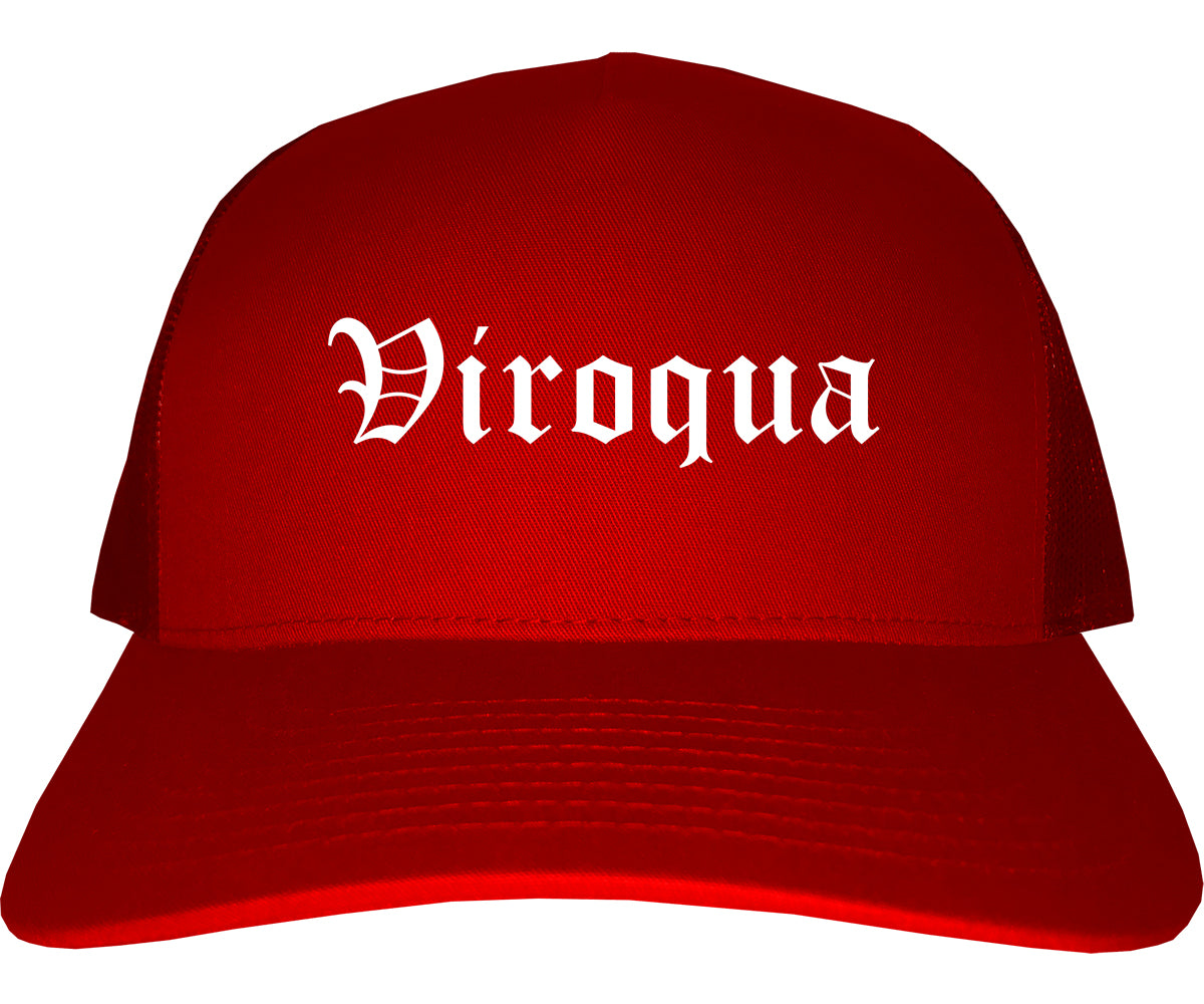 Viroqua Wisconsin WI Old English Mens Trucker Hat Cap Red