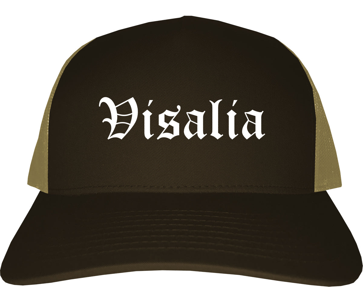 Visalia California CA Old English Mens Trucker Hat Cap Brown