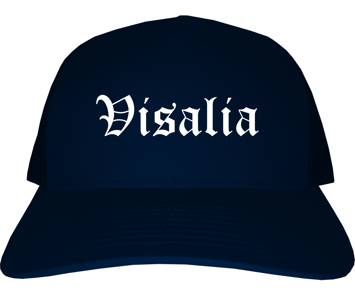 Visalia California CA Old English Mens Trucker Hat Cap Navy Blue