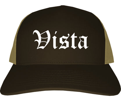 Vista California CA Old English Mens Trucker Hat Cap Brown