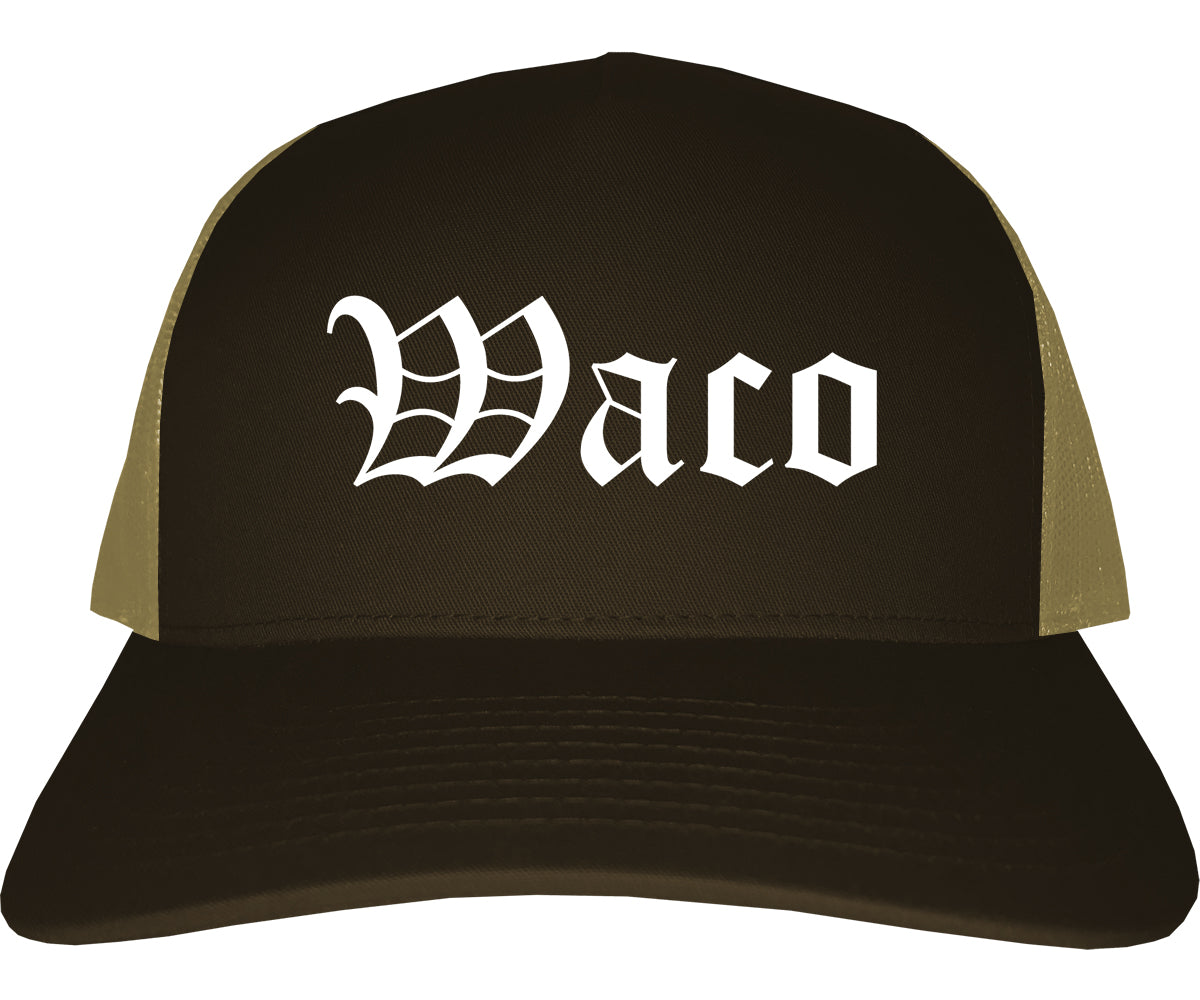 Waco Texas TX Old English Mens Trucker Hat Cap Brown