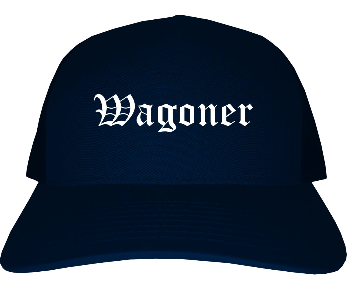 Wagoner Oklahoma OK Old English Mens Trucker Hat Cap Navy Blue