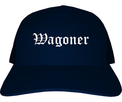 Wagoner Oklahoma OK Old English Mens Trucker Hat Cap Navy Blue