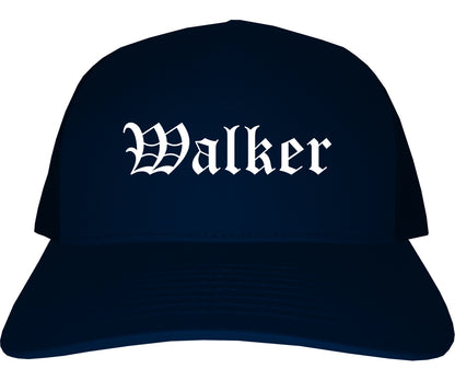 Walker Michigan MI Old English Mens Trucker Hat Cap Navy Blue