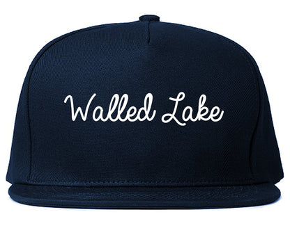 Walled Lake Michigan MI Script Mens Snapback Hat Navy Blue