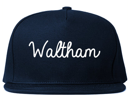Waltham Massachusetts MA Script Mens Snapback Hat Navy Blue
