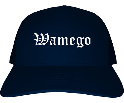 Wamego Kansas KS Old English Mens Trucker Hat Cap Navy Blue