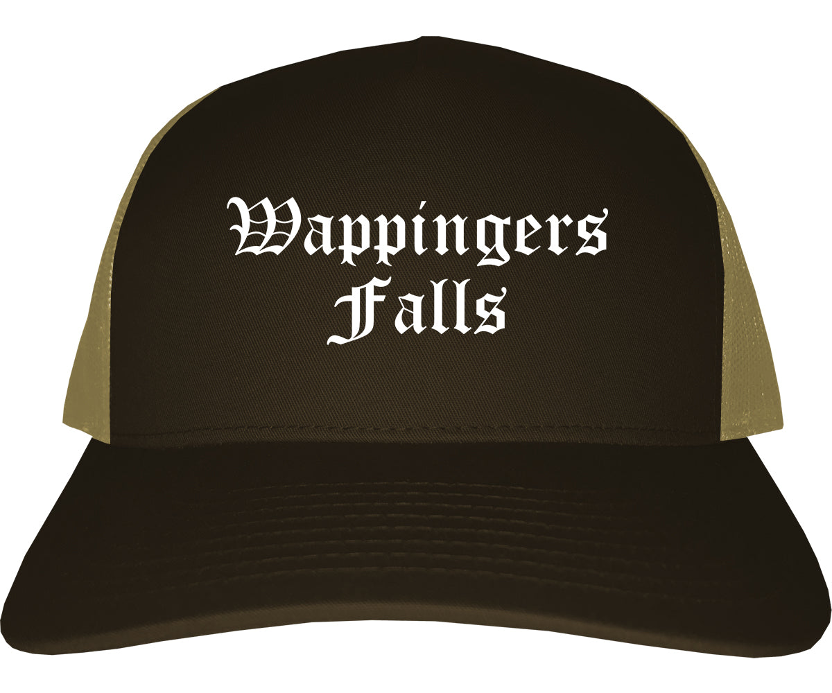 Wappingers Falls New York NY Old English Mens Trucker Hat Cap Brown