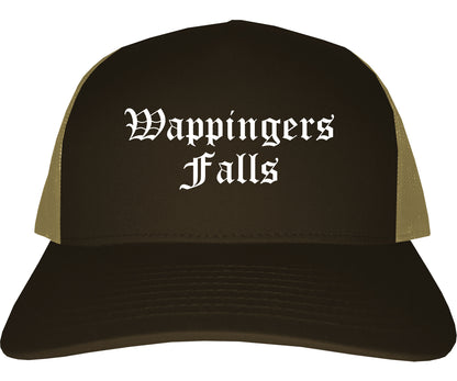 Wappingers Falls New York NY Old English Mens Trucker Hat Cap Brown