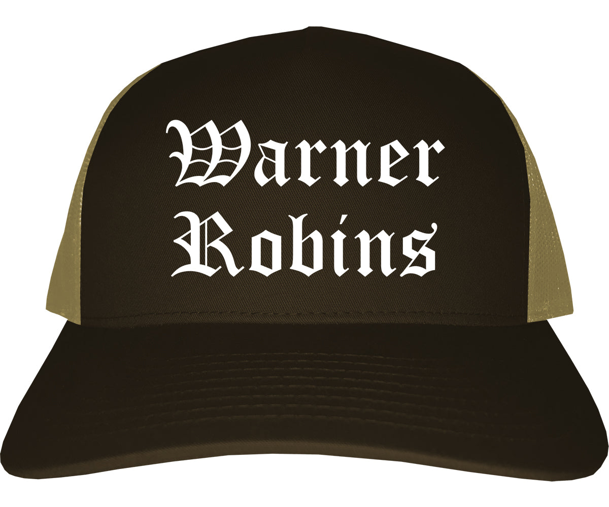 Warner Robins Georgia GA Old English Mens Trucker Hat Cap Brown