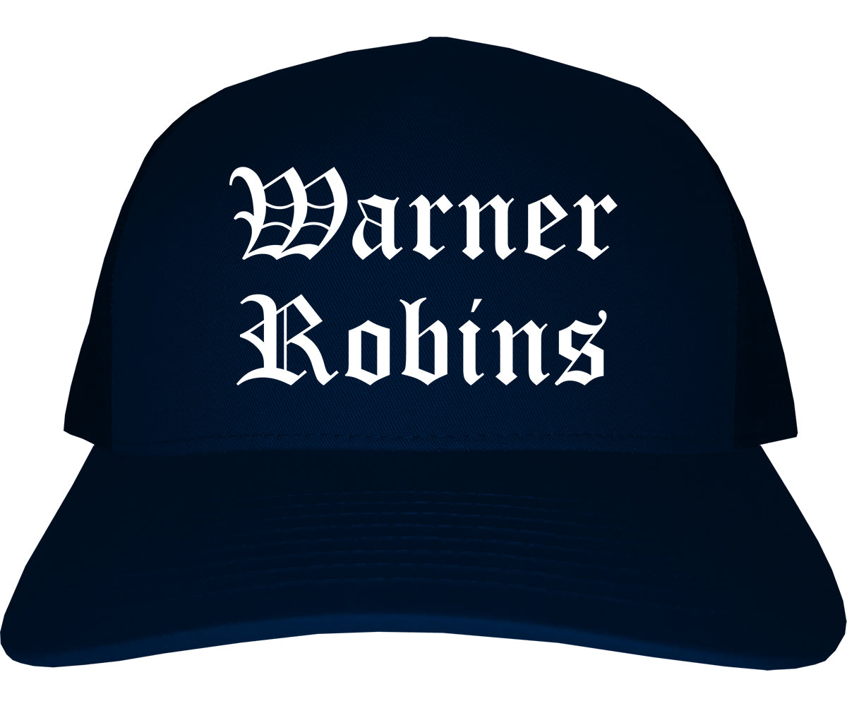 Warner Robins Georgia GA Old English Mens Trucker Hat Cap Navy Blue