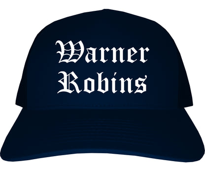 Warner Robins Georgia GA Old English Mens Trucker Hat Cap Navy Blue