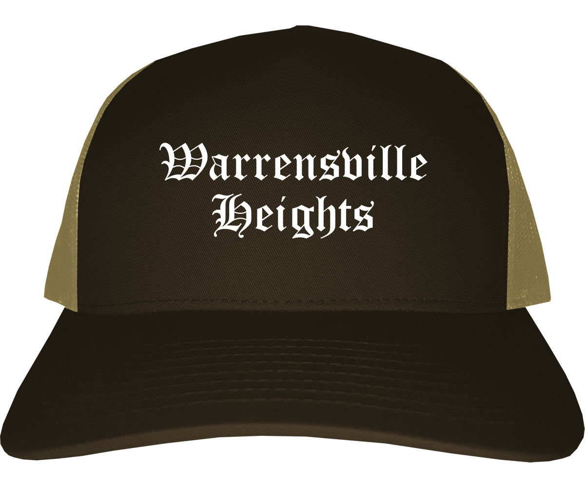 Warrensville Heights Ohio OH Old English Mens Trucker Hat Cap Brown