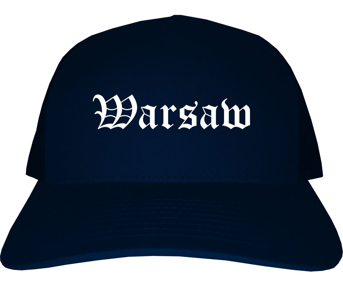 Warsaw Indiana IN Old English Mens Trucker Hat Cap Navy Blue