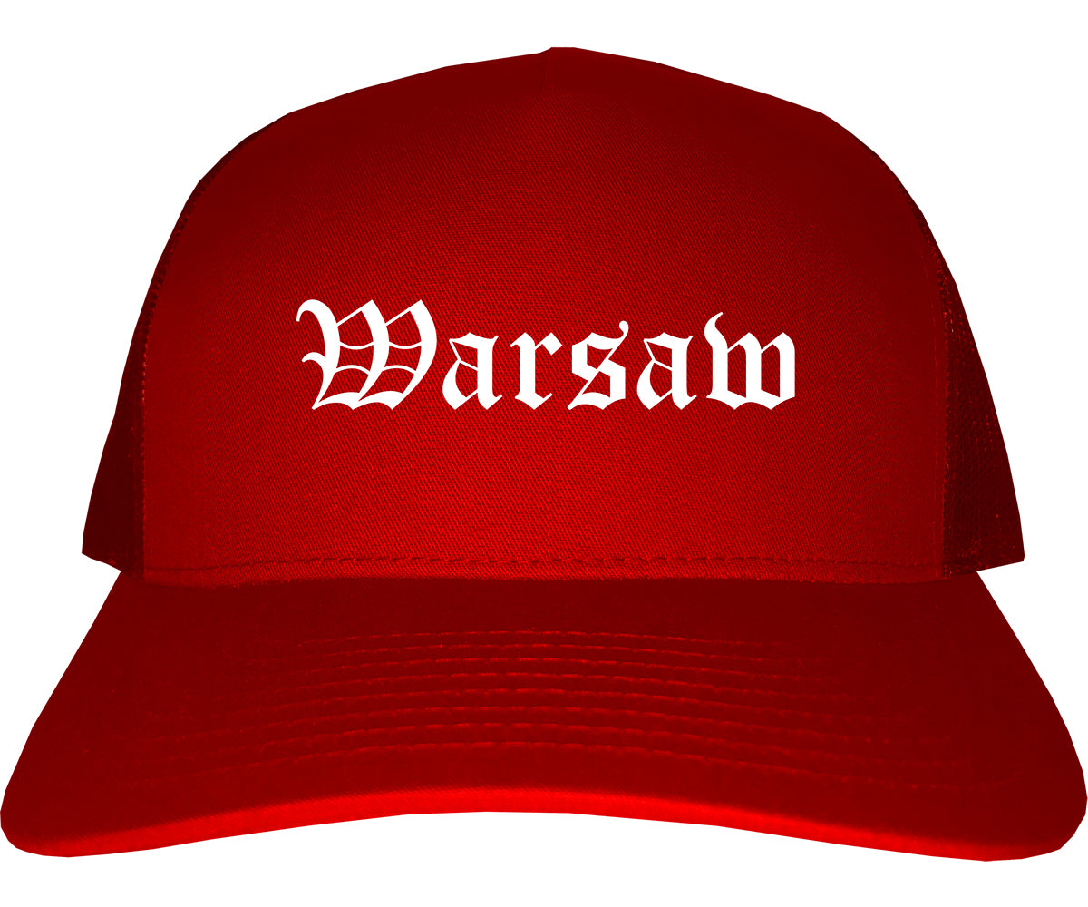 Warsaw Indiana IN Old English Mens Trucker Hat Cap Red