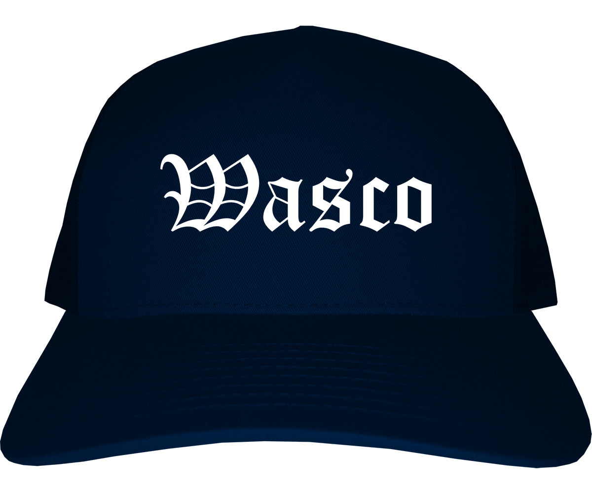 Wasco California CA Old English Mens Trucker Hat Cap Navy Blue