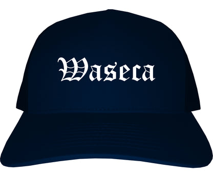 Waseca Minnesota MN Old English Mens Trucker Hat Cap Navy Blue