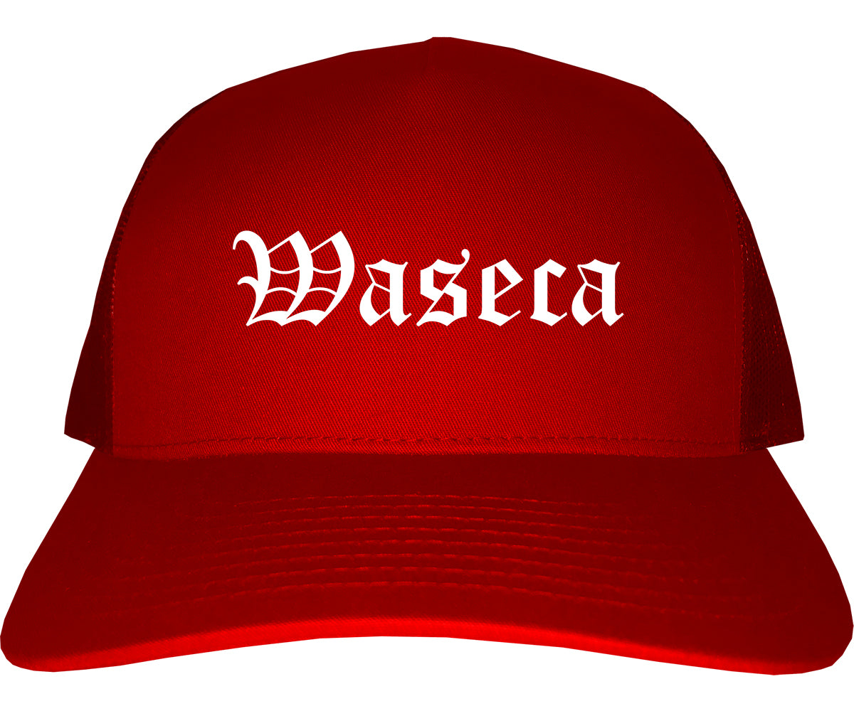 Waseca Minnesota MN Old English Mens Trucker Hat Cap Red