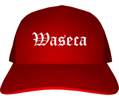 Waseca Minnesota MN Old English Mens Trucker Hat Cap Red