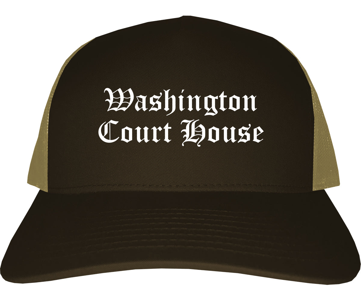 Washington Court House Ohio OH Old English Mens Trucker Hat Cap Brown