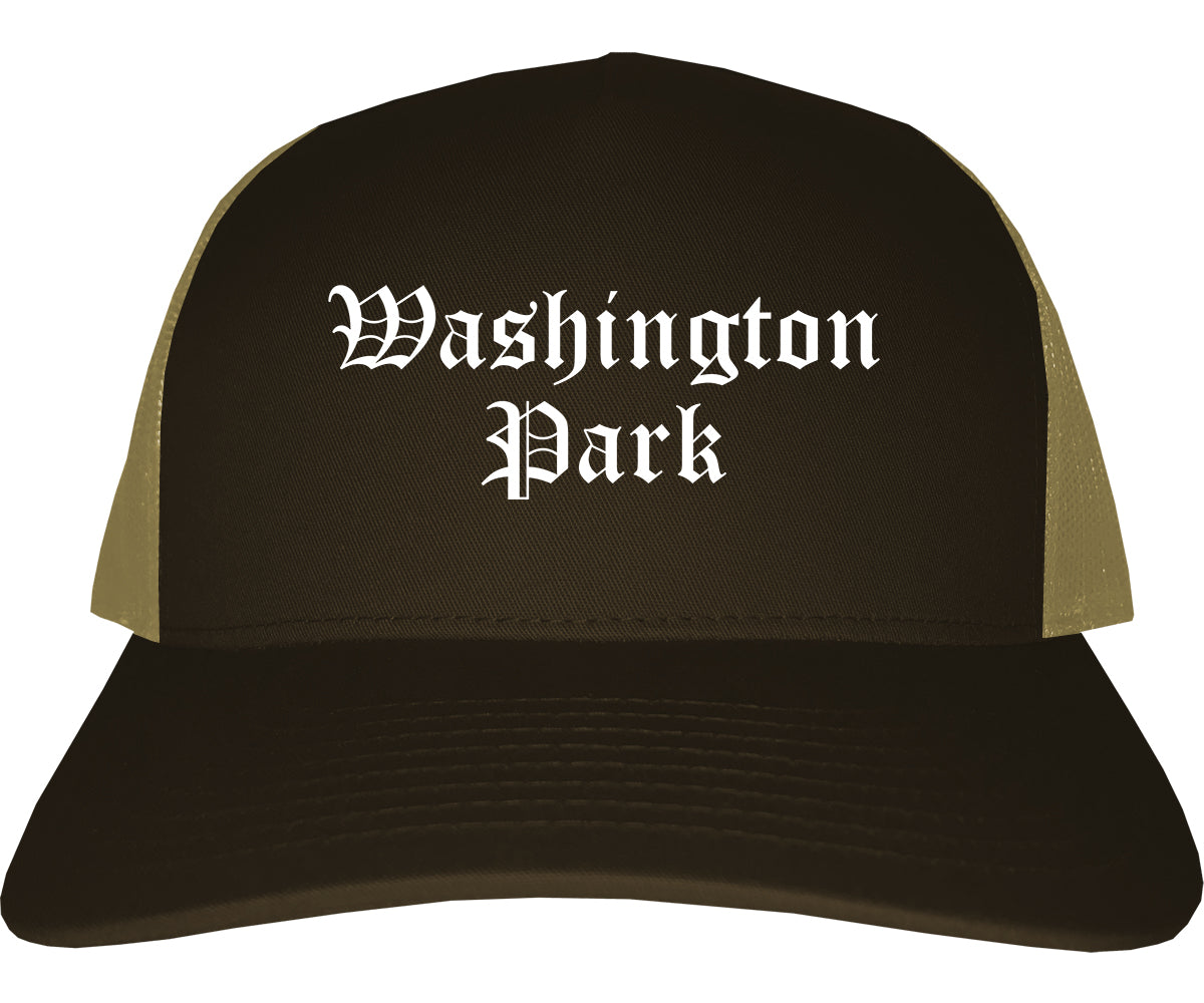 Washington Park Illinois IL Old English Mens Trucker Hat Cap Brown