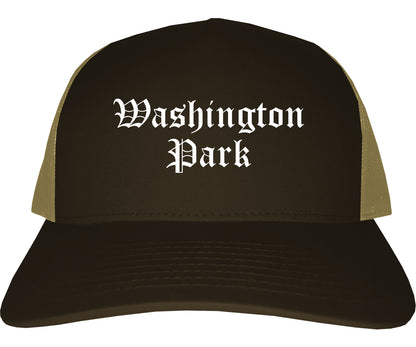 Washington Park Illinois IL Old English Mens Trucker Hat Cap Brown