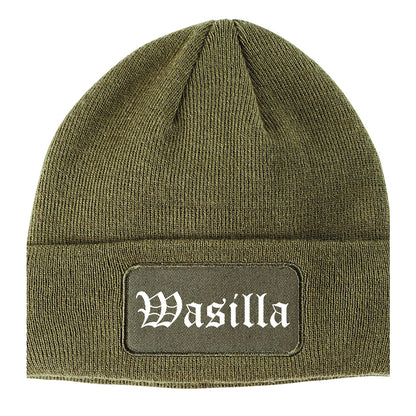 Wasilla Alaska AK Old English Mens Knit Beanie Hat Cap Olive Green