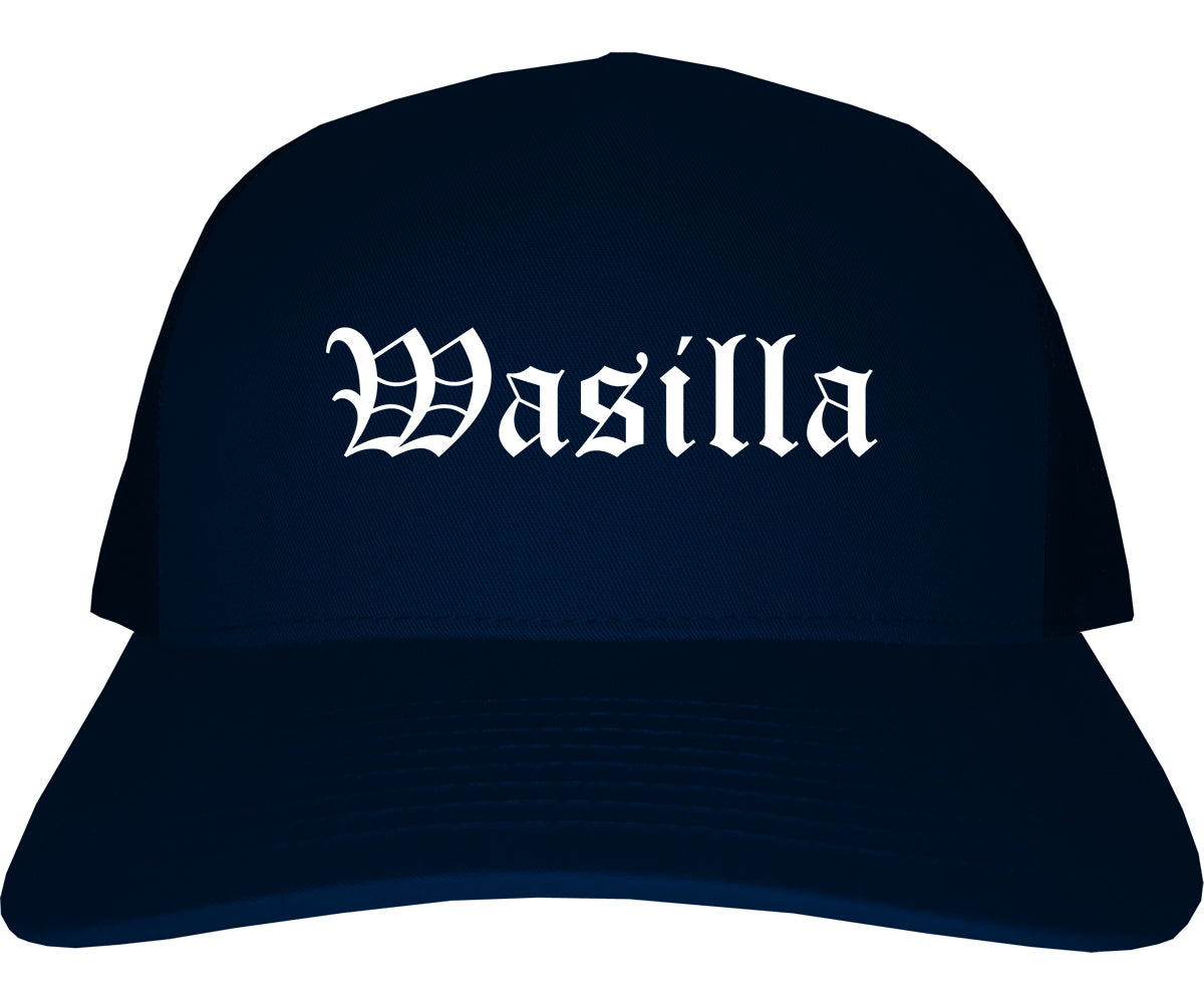 Wasilla Alaska AK Old English Mens Trucker Hat Cap Navy Blue