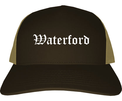 Waterford California CA Old English Mens Trucker Hat Cap Brown
