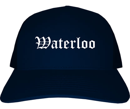 Waterloo Iowa IA Old English Mens Trucker Hat Cap Navy Blue