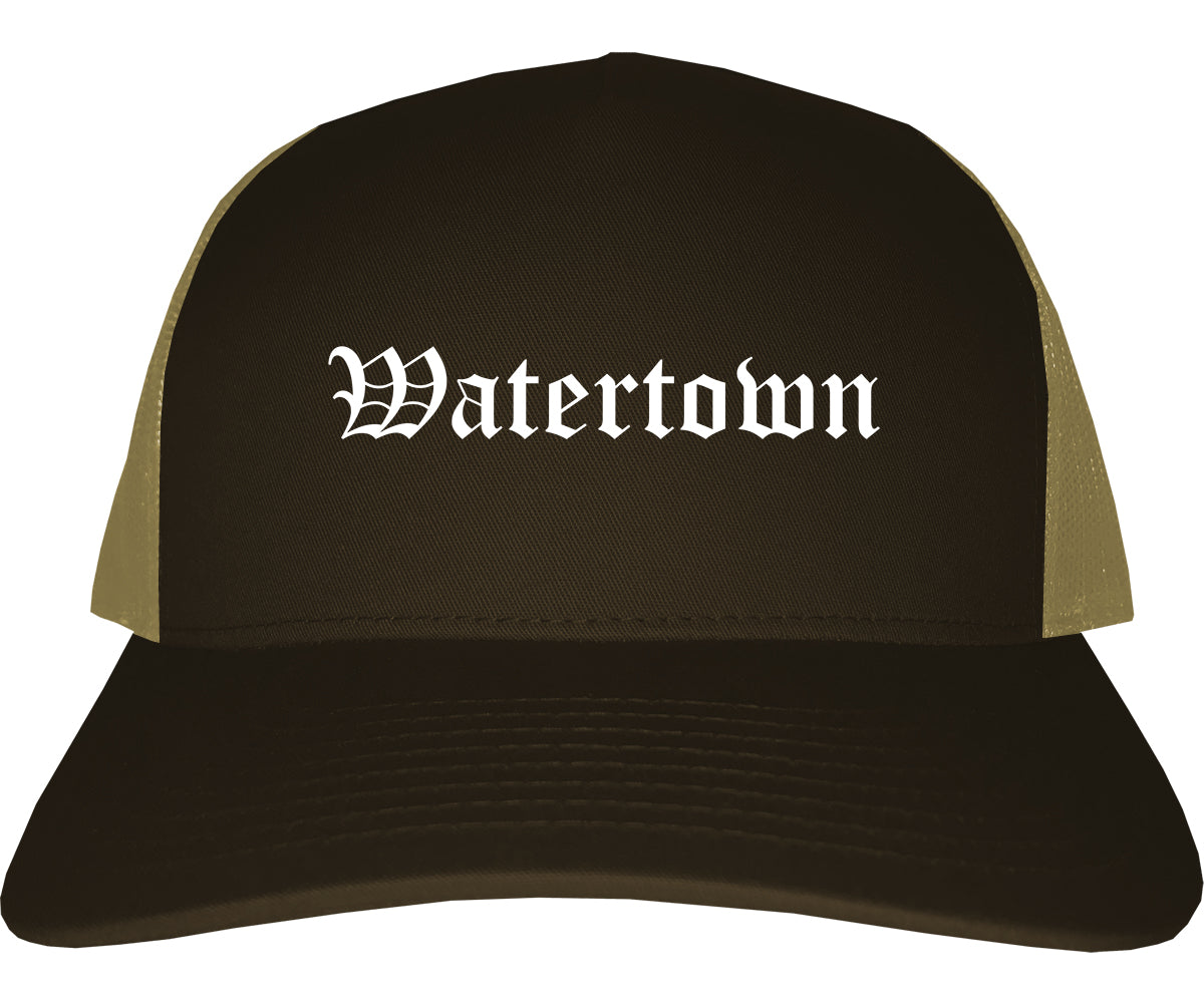 Watertown Wisconsin WI Old English Mens Trucker Hat Cap Brown