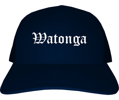 Watonga Oklahoma OK Old English Mens Trucker Hat Cap Navy Blue