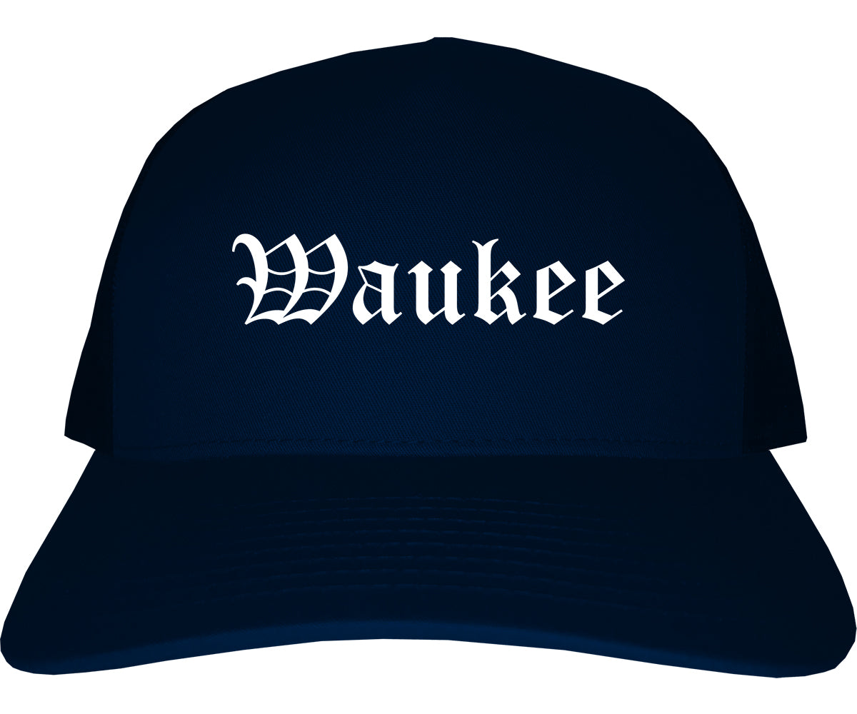 Waukee Iowa IA Old English Mens Trucker Hat Cap Navy Blue