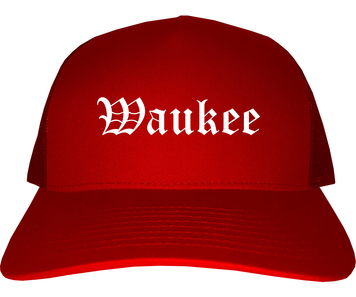 Waukee Iowa IA Old English Mens Trucker Hat Cap Red