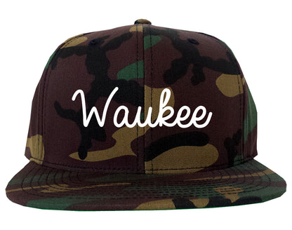 Waukee Iowa IA Script Mens Snapback Hat Army Camo