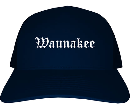 Waunakee Wisconsin WI Old English Mens Trucker Hat Cap Navy Blue