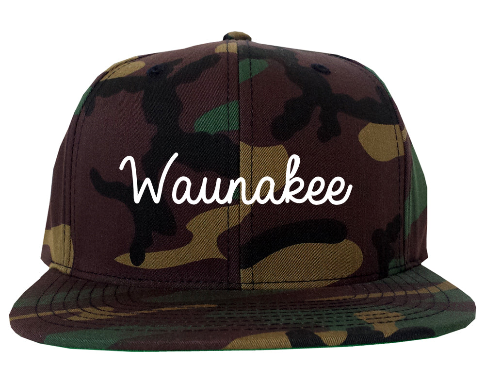 Waunakee Wisconsin WI Script Mens Snapback Hat Army Camo