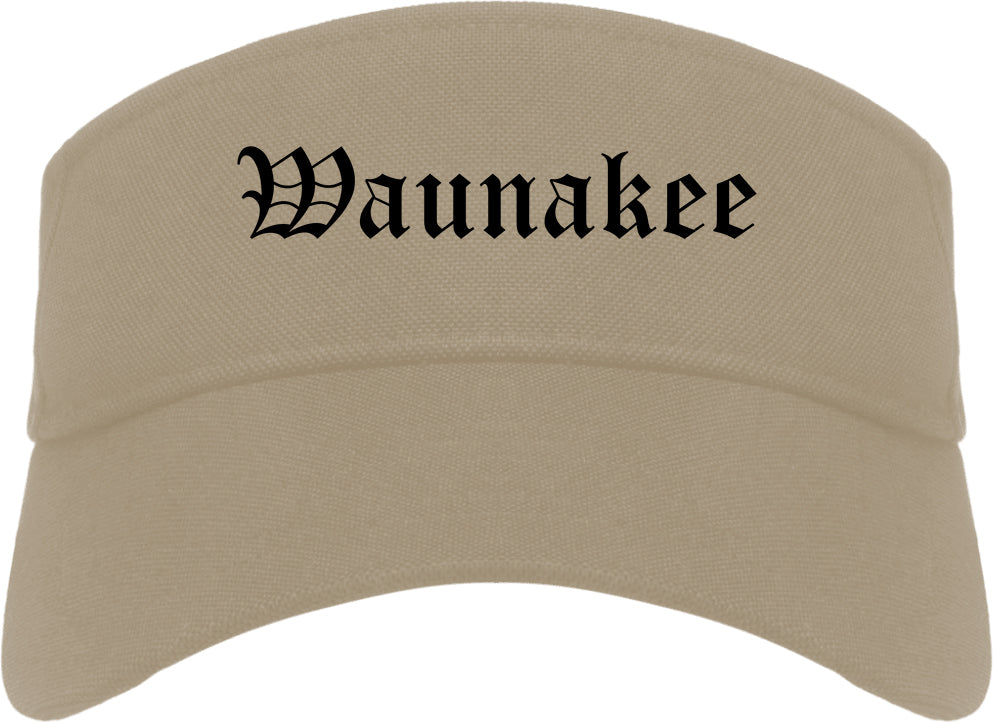 Waunakee Wisconsin WI Old English Mens Visor Cap Hat Khaki