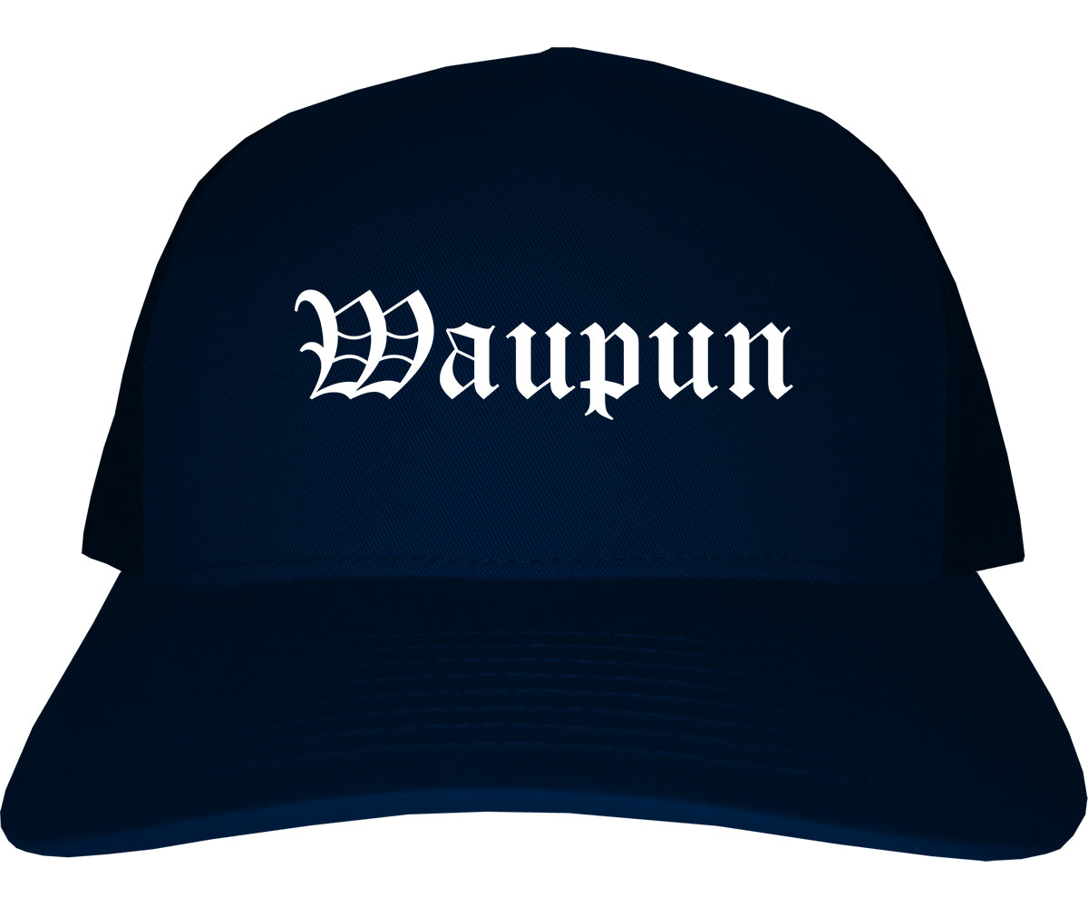 Waupun Wisconsin WI Old English Mens Trucker Hat Cap Navy Blue