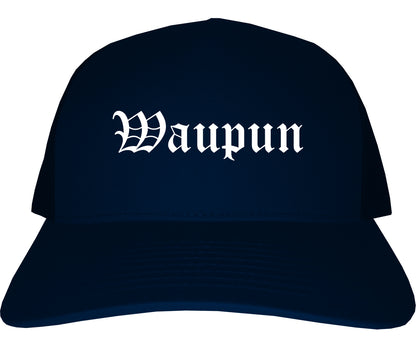 Waupun Wisconsin WI Old English Mens Trucker Hat Cap Navy Blue
