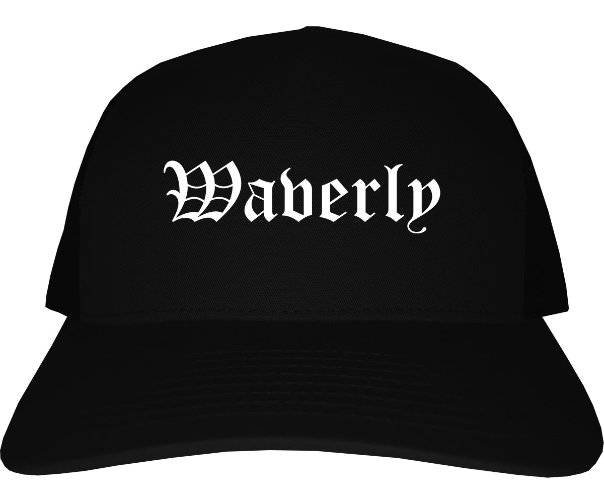 Waverly Iowa IA Old English Mens Trucker Hat Cap Black